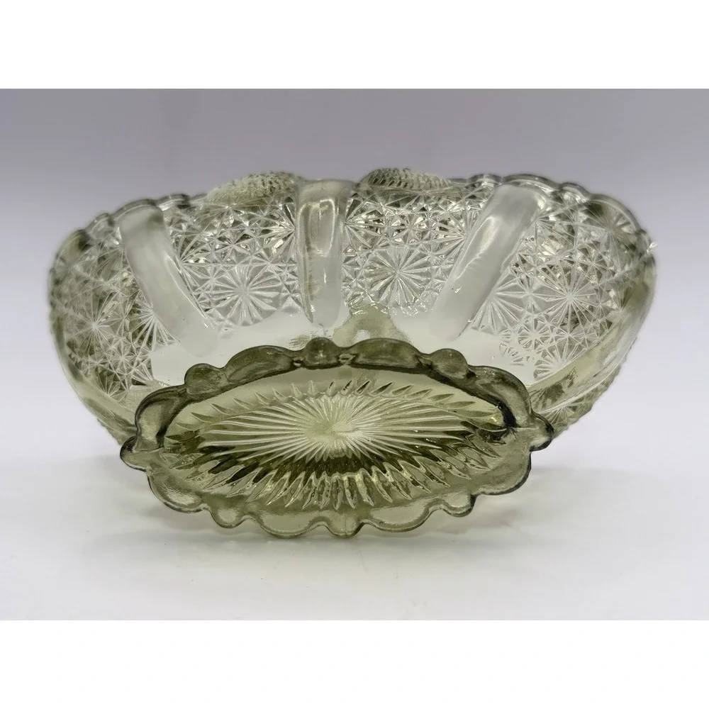 Vintage Fenton Art Glass Colonial Green Daisy Button Split Twig Handle Basket 6”